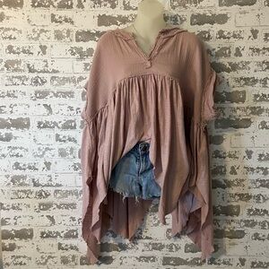 Free People We The Free Pink Gauze Boho Tunic Top Oversized Raw Hem 100 Cotton